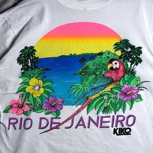 Vintage Kiko & Eli Rio De Janeiro Brazil Tropical Parrot Graphic T-Shirt White M
